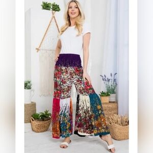 Boho Patchwork Wide Leg Fringe Waist Pants - Multicolor